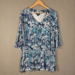 J Jill Wearever Collection VNeck Tunic Top Womens Plus 3X Stretch Tropical Birds